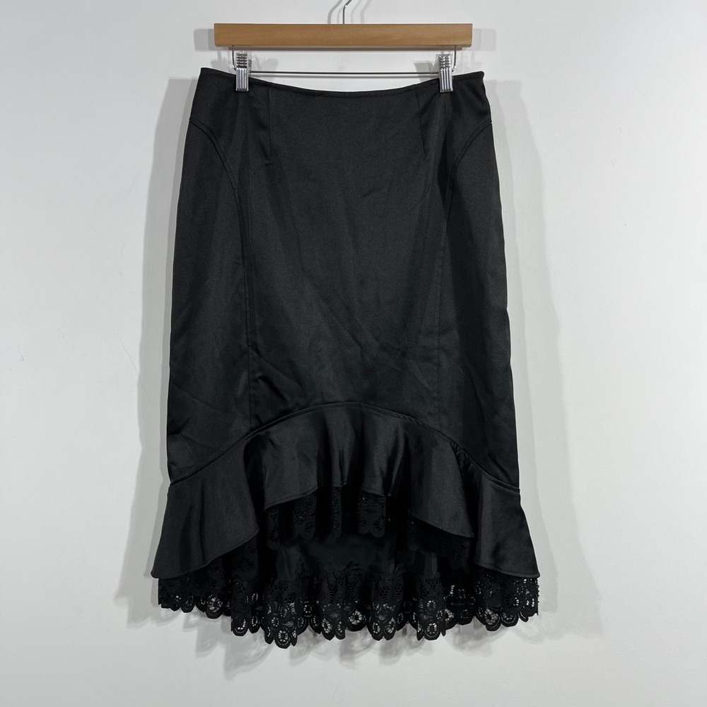 KM VTG Y2K Black Satin Lace Mermaid Skirt Womens 12 Whimsigoth Fairy Grunge